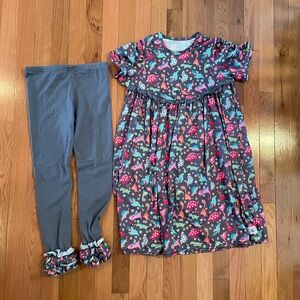 Colorful Dinosaur Print Dress with Gray Leggings